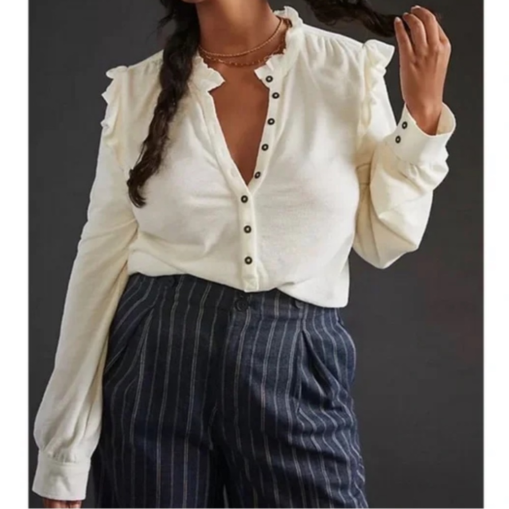 NWT Pilcro Anthropologie White Ruffle Henley